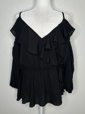 Lilian Womens Black Ruffled V-Neck Cold Shoulder Top Blouse Plus Size 3X EUC